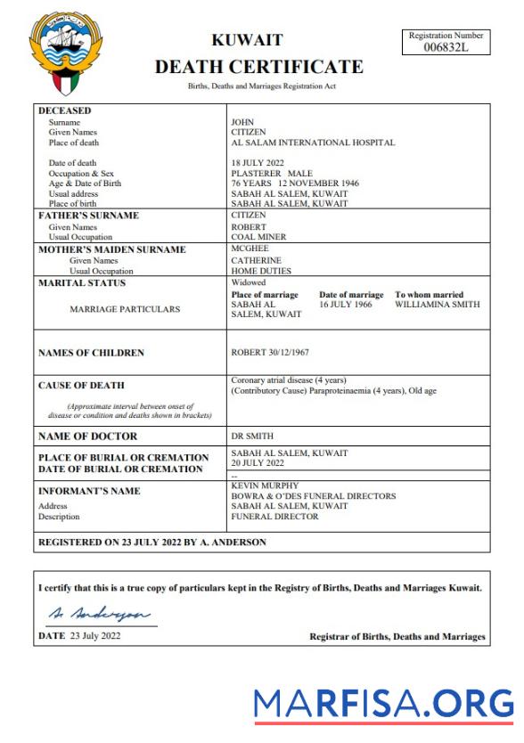 Realistic Kuwait death certificate Word and PDF template